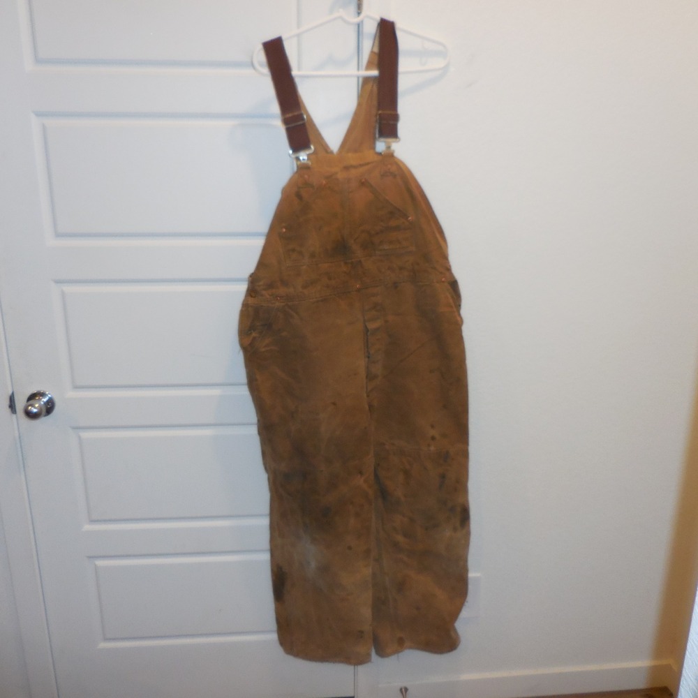 Carhartt Mens Thrashed Distressed Duck Canvas Overalls Brown 40x28 Double Knee